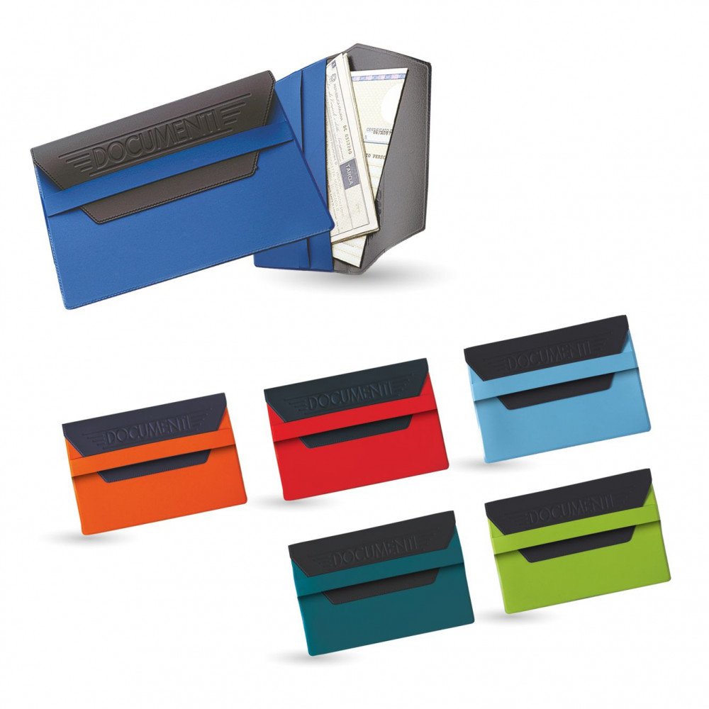 Portadocumenti e portalibretto per auto in diversi colori: blu, arancio, rosso, azzurro, verde, lime